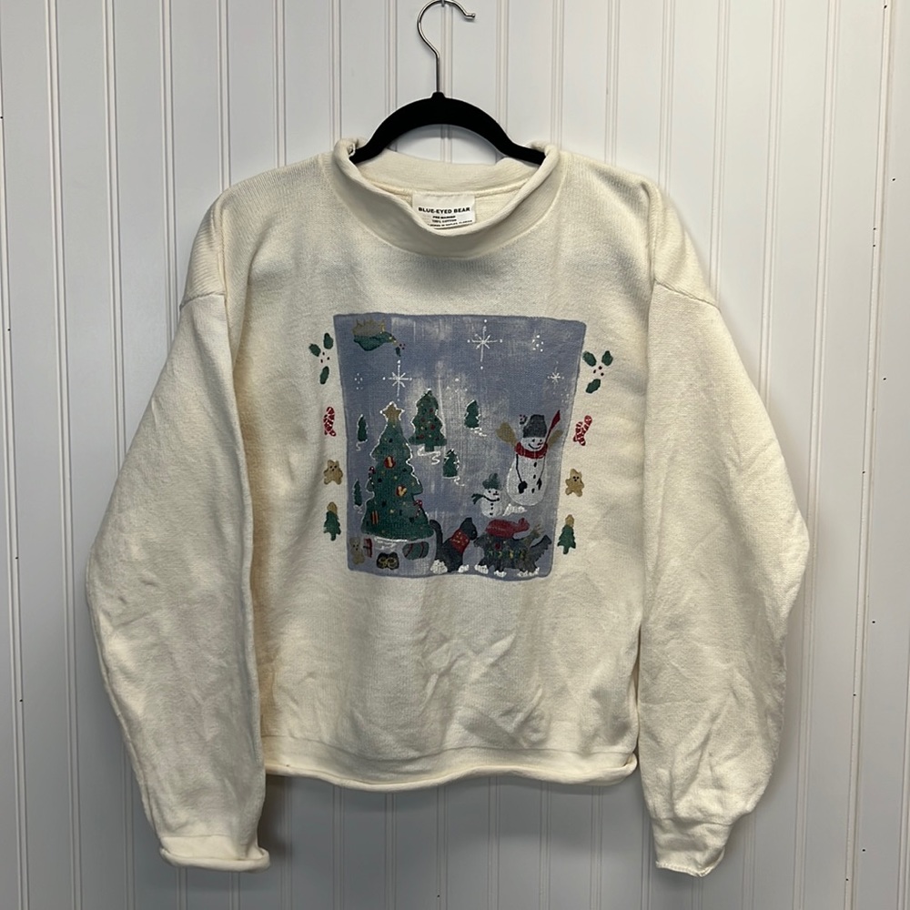 Blue Eyed Bear Hand Block Painted‎ Christmas Sweater Sz L